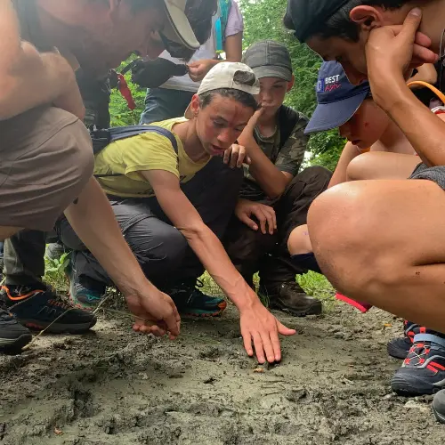 Ragazzi durante un campo estivo residenziale in natura, impegnati in un’attività di osservazione e apprendimento outdoor