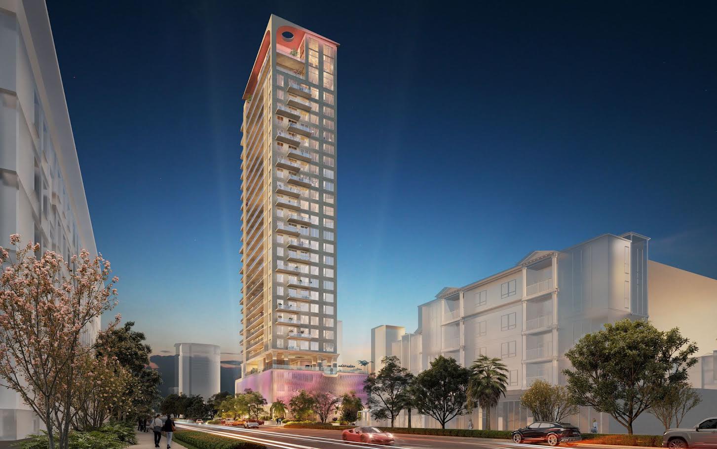 Architectural rendering of the 29-story Roche Bobois St. Pete Tower, a luxury residential high-rise planned for downtown St. Petersburg, Florida