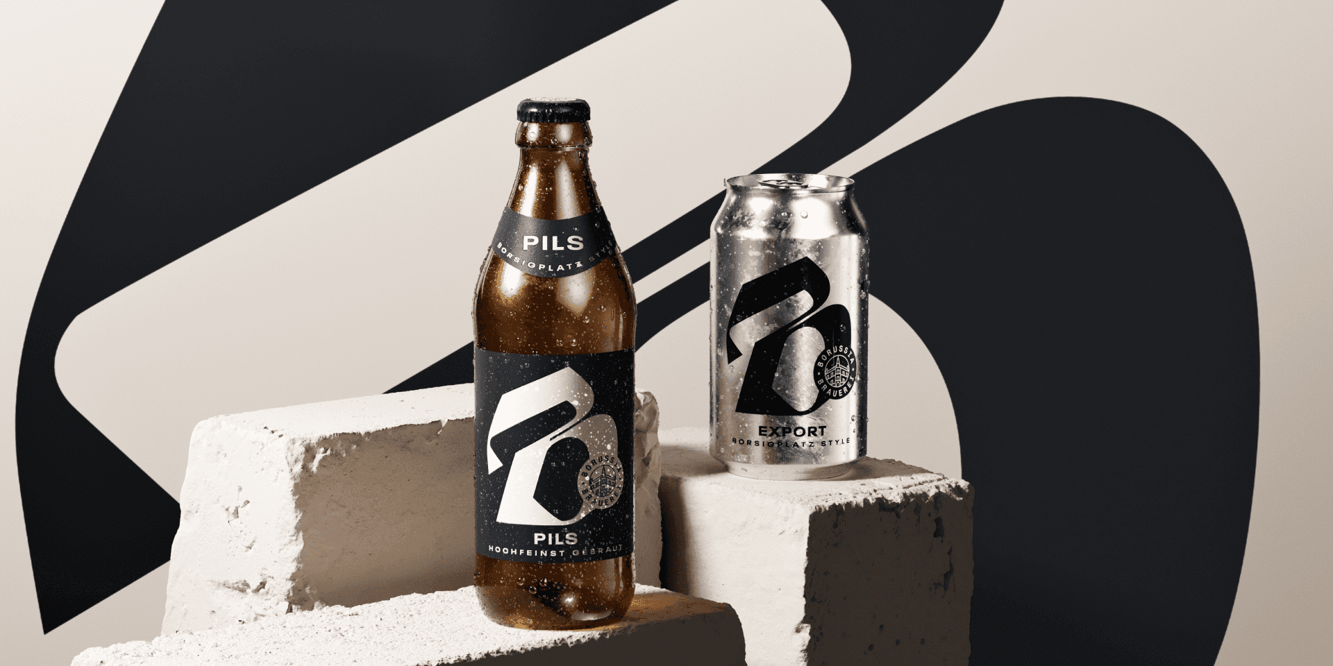 Borussia Brauerei Brand World – Pilsner bottle and Export can featuring a graphic "B" monogram and brewery seal, staged on raw concrete blocks in front of an oversized "B" wordmark in black and beige. Label claims "Borsigplatz Style" and "Hochfeinst gebraut" (Brewed to Highest Perfection).