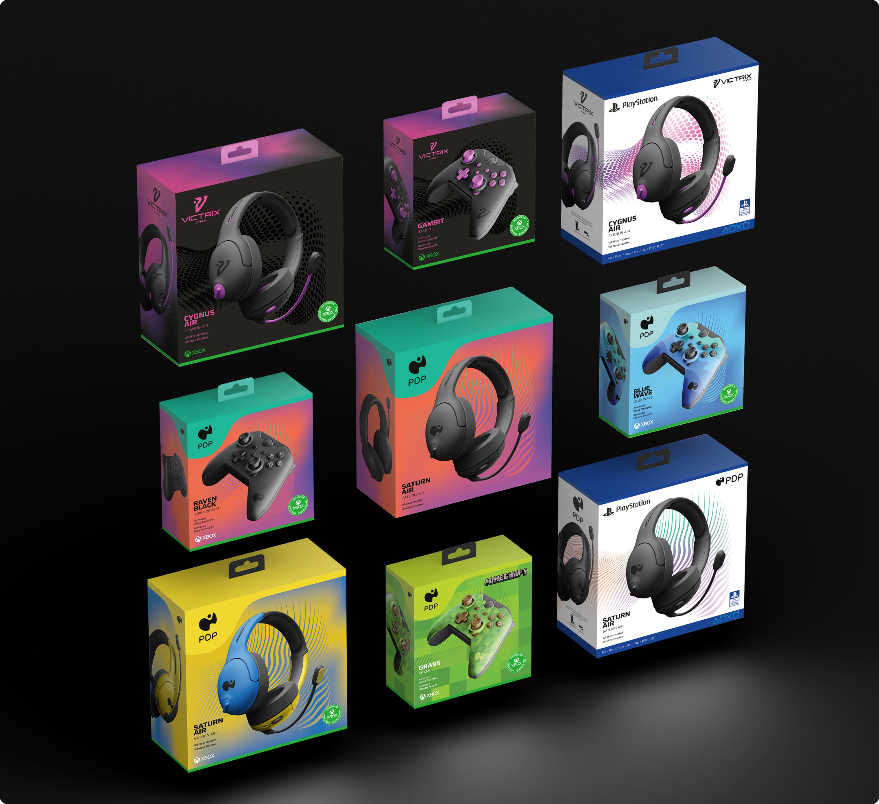 A grid of different packaging options for Xbox and Playstation headset and controller models