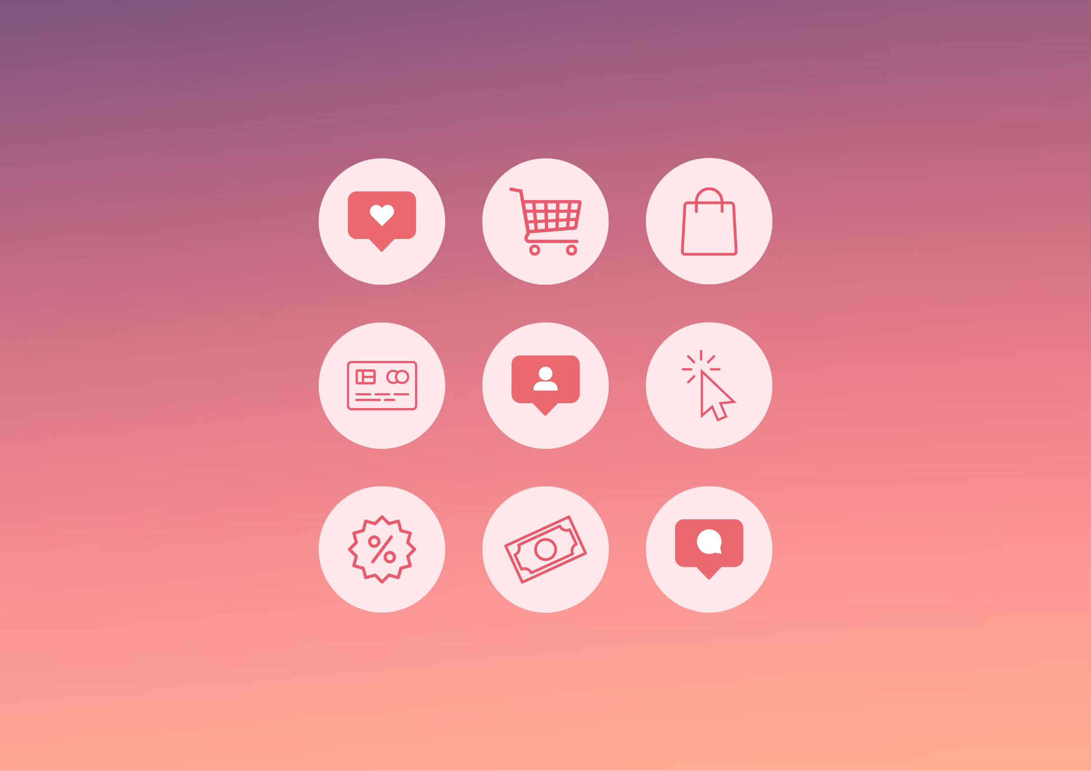 Biznes na Insta – ikony powiadomień, koszyka, pieniędzy i ustawień na tle gradientu. Sprzedaż na Instagramie jako proces łączący widoczność, relacje i działanie.