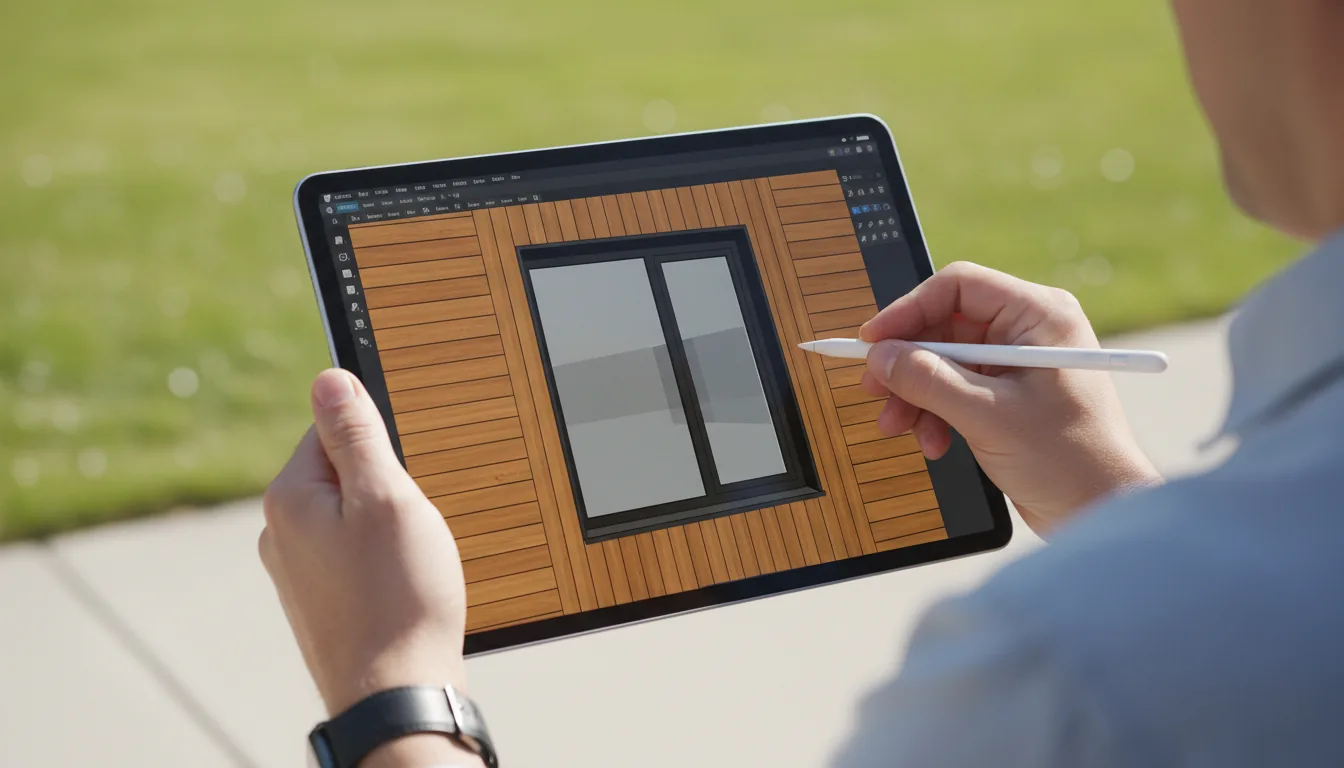 Over-the-shoulder DSLR photo of a person holding an iPad Pro in landscape mode, using the SketchUp application to design a modern architectural window with wood siding. The user is interacting with the screen using a white stylus. The scene is shot outdoors in natural daylight, with a shallow depth of field creating a soft bokeh background of grass and a sidewalk.