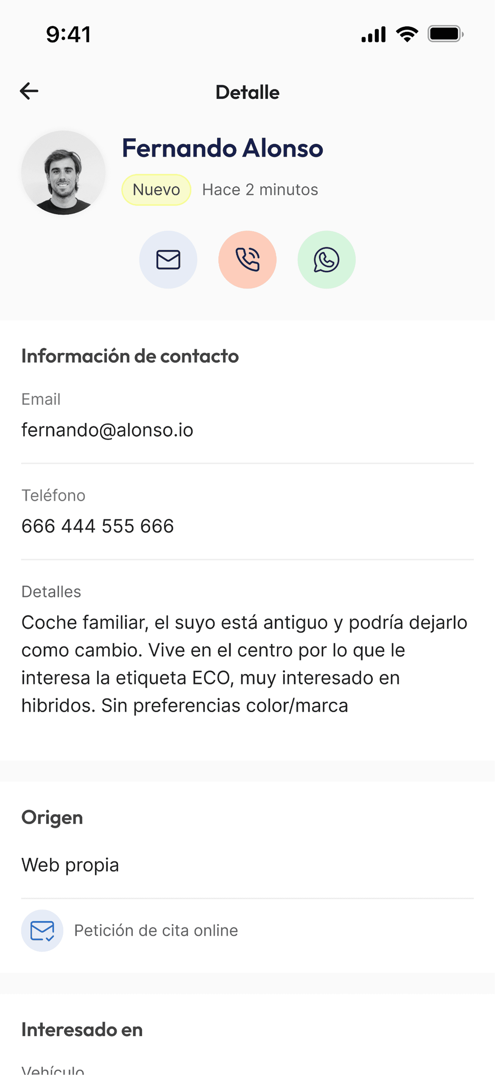 Mobile screen showing contact details of Fernando Alonso including email, phone number, and preferences for a new car.