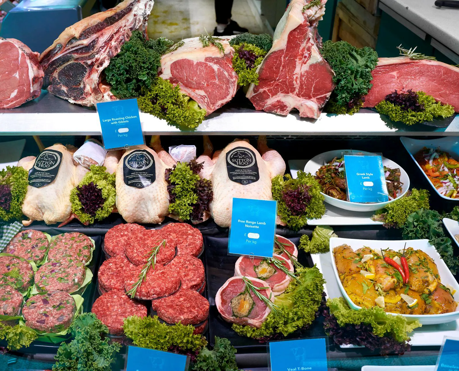 Roasting joints, Sutton Hoo chickens, burgers and lamb noisettes on the Hayden & Baker counter