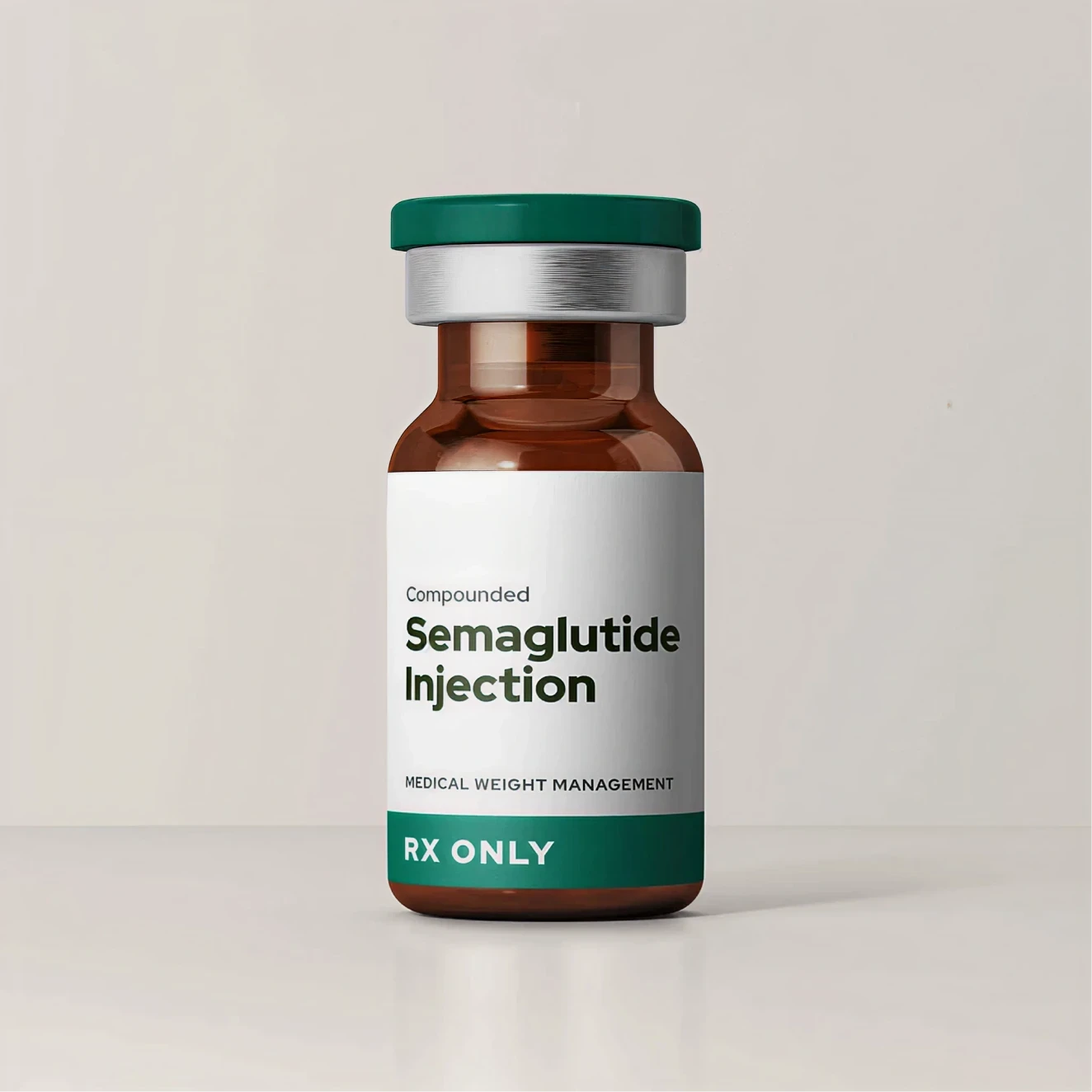 Brown medicine vial with "Semaglutide Injection" label.