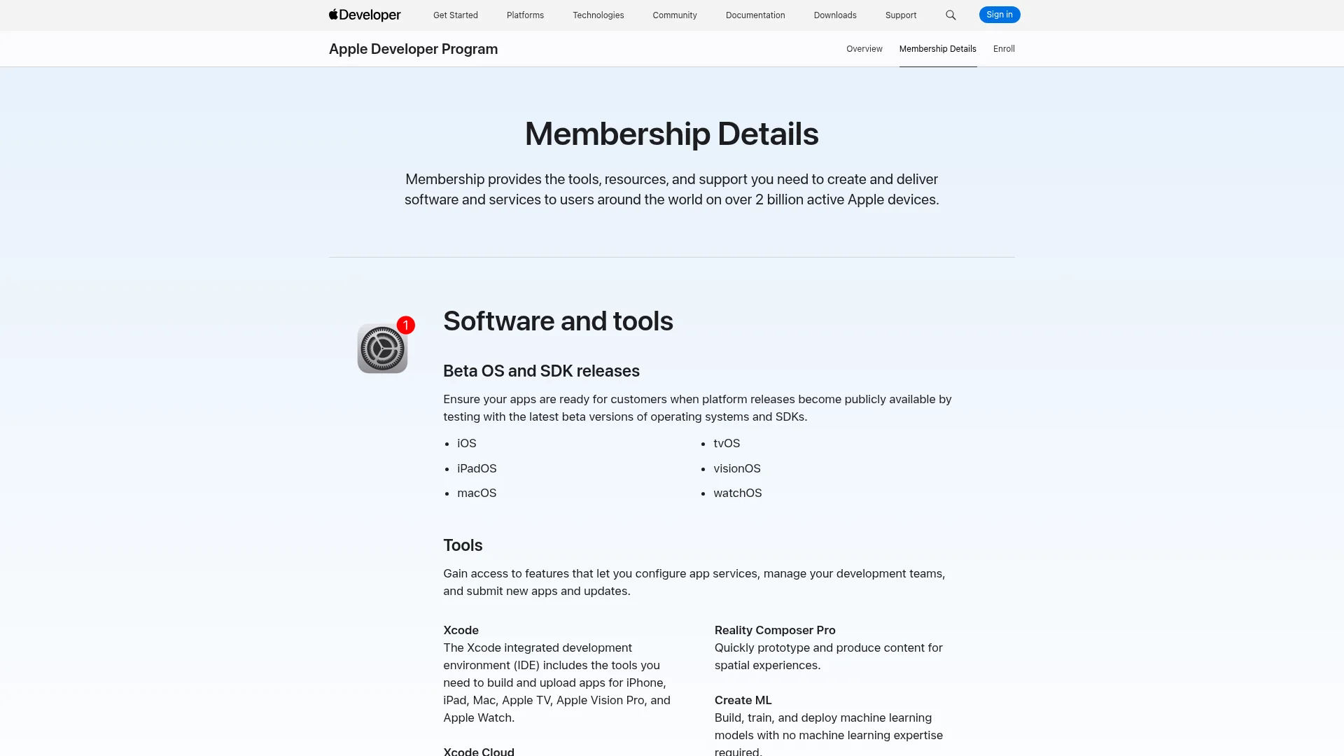 Apple Developer Program membership details page listing included services and limits