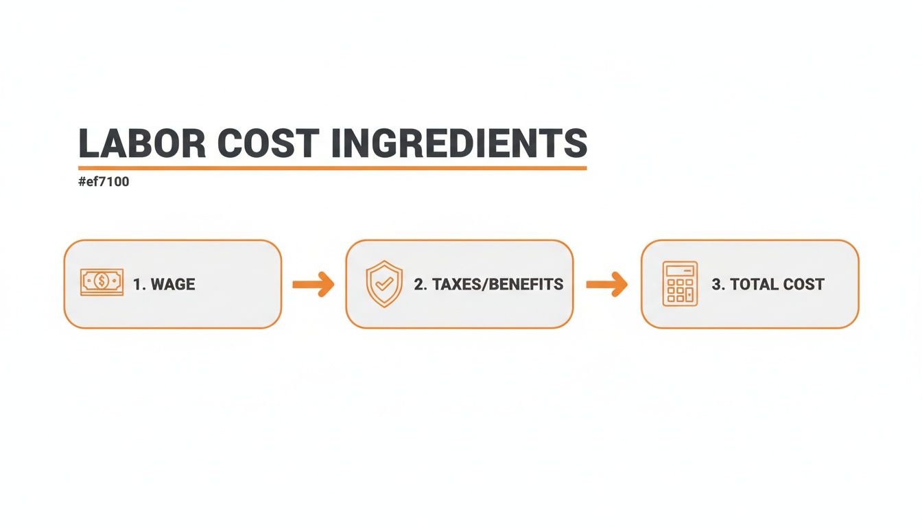 A flowchart outlining labor cost ingredients: 1. Wage, 2. Taxes/Benefits, leading to 3. Total Cost.