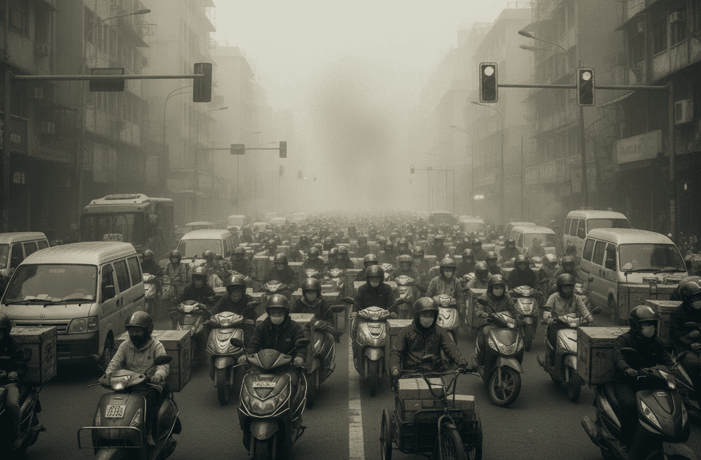Heavy urban traffic and air pollution filling a smog-covered city street.