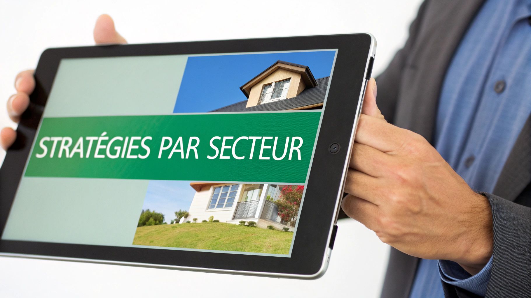 Une personne tient une tablette affichant 'STRATÉGIES PAR SECTEUR' avec des images de maisons.