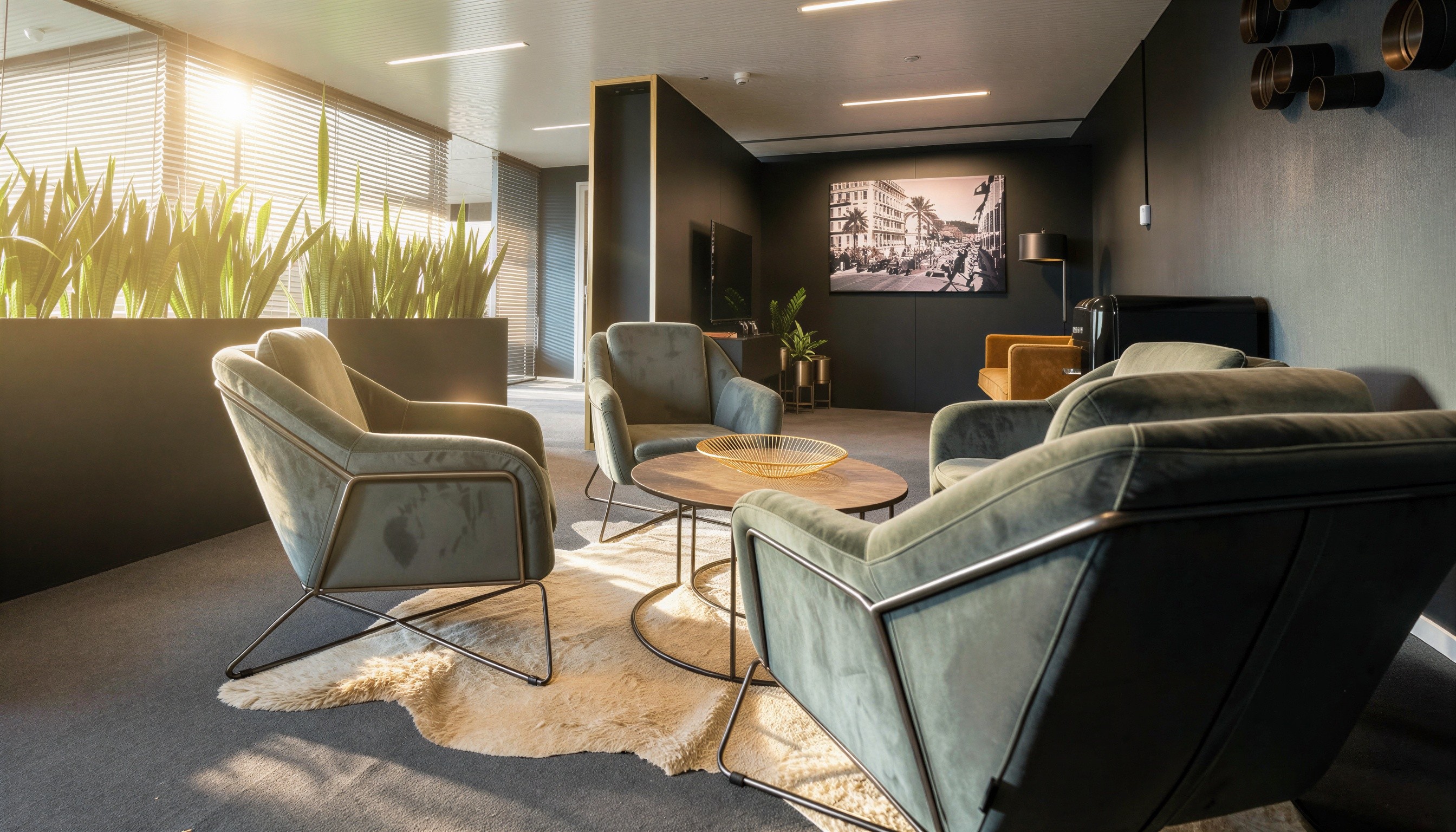 Residentiële lounge-opstelling binnen een commerciële kantooromgeving, met gestoffeerde fauteuils en gelaagd sfeerlicht.
