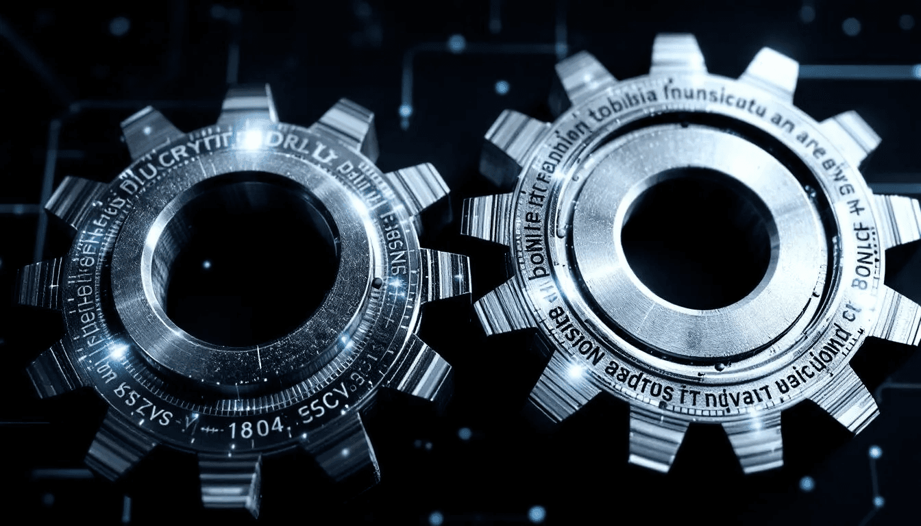 The image depicts two interconnected gears symbolizing the relationship between public and private keys in public key cryptography. This visual representation illustrates how the corresponding public key and private key work together to enable secure communication and protect sensitive data.