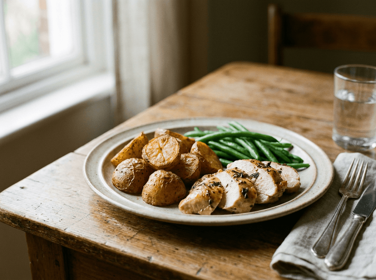 Plate of roasted potatoes served with roast chicken and green beans