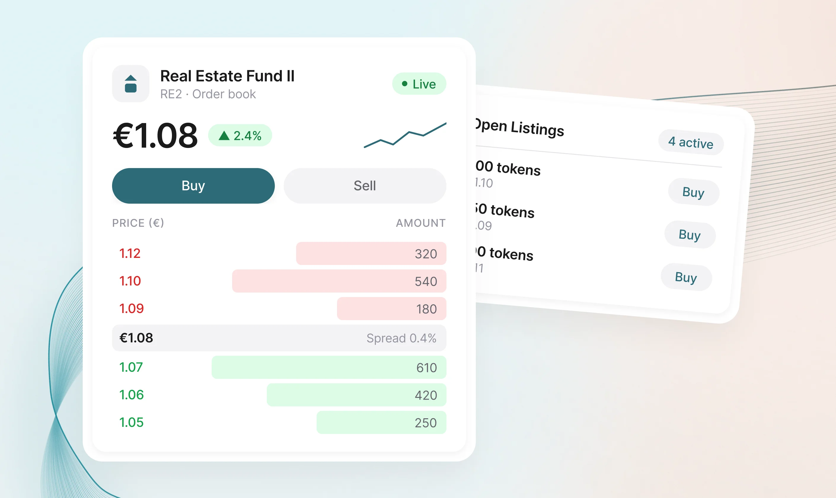 Secondary market trading view with live order book and buy and sell orders for a tokenized real estate fund
