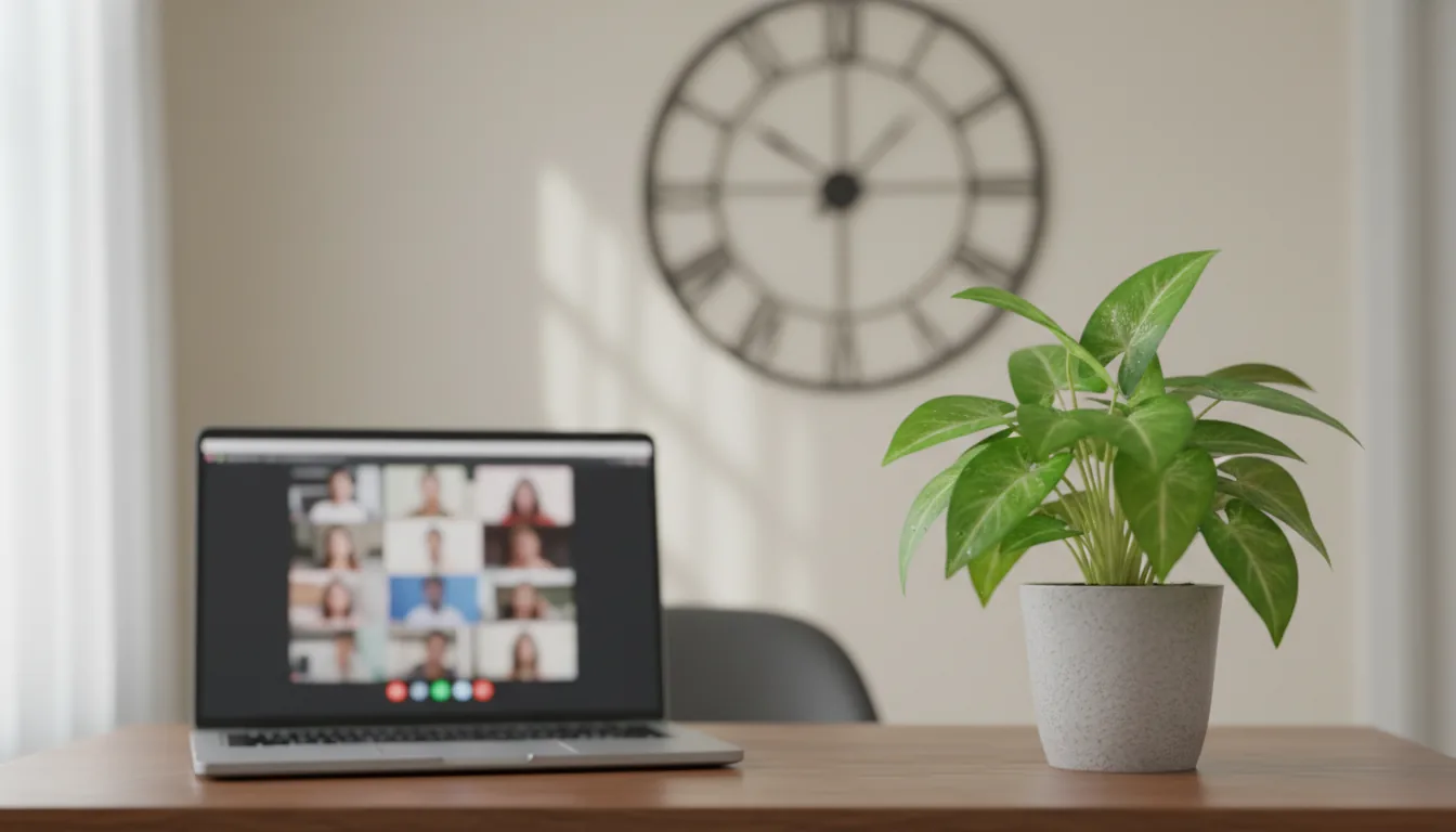 DSLR photography of a home office scene with a very shallow depth of field, focus is on a vibrant green potted Arrowhead plant on the right side of the frame. In the blurred bokeh background, an open laptop displays a video conference call with a grid of abstract participant windows. A large, out-of-focus wall clock is faintly visible on the wall. The scene is lit by soft, natural daylight, creating a peaceful and productive mood with a muted color palette.