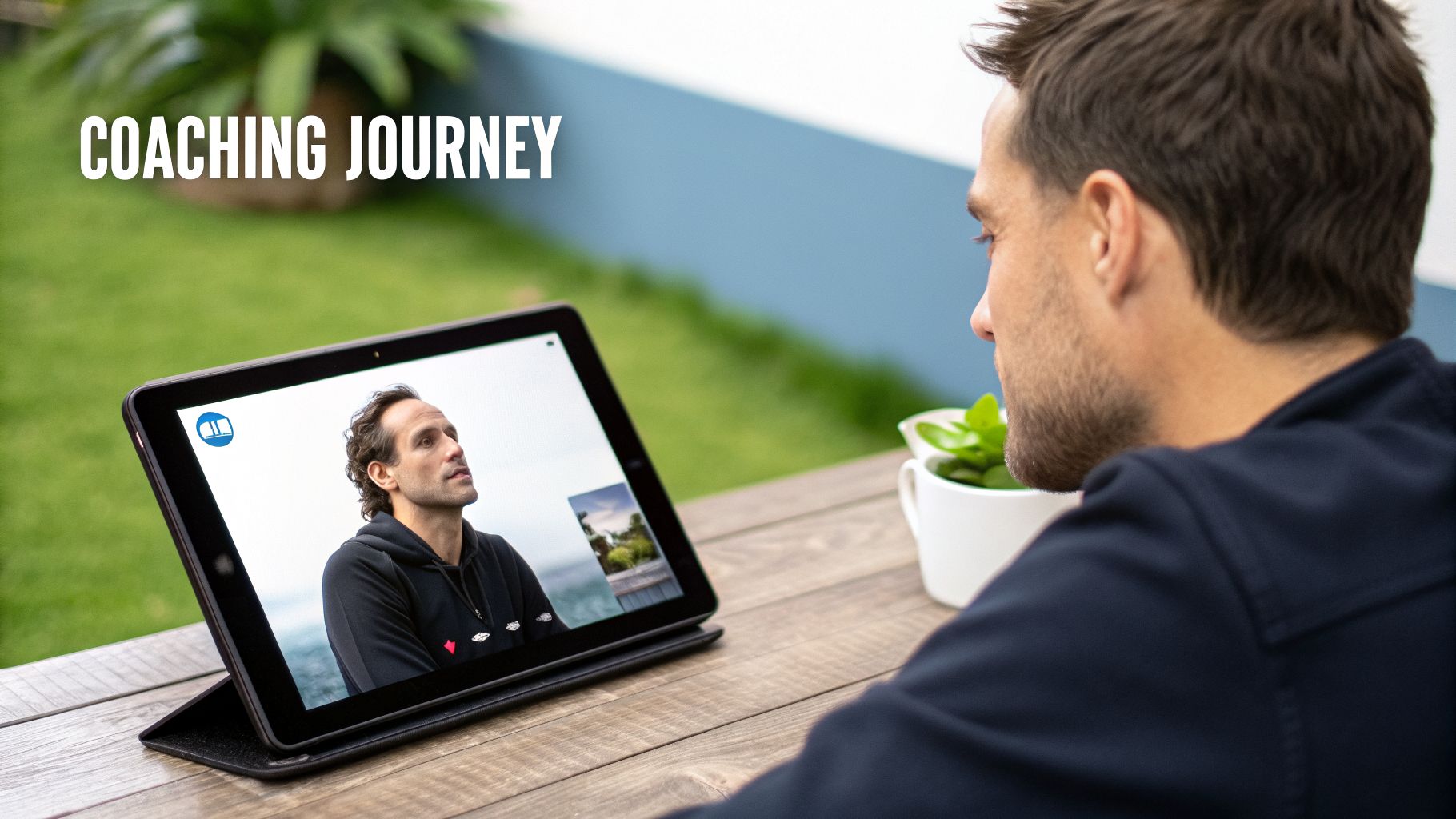 A man views a video call on a tablet, participating in an outdoor online coaching session.