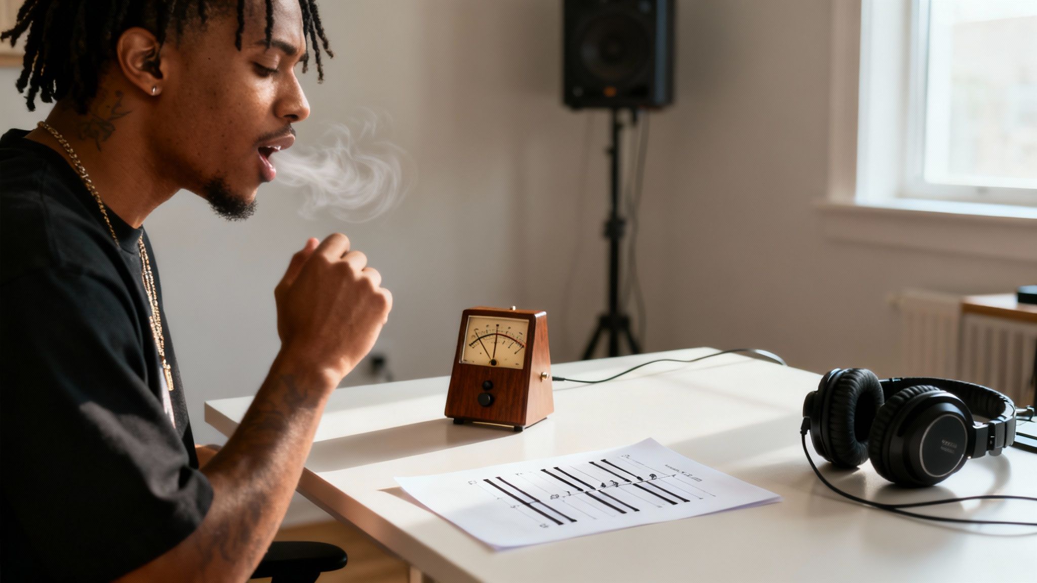 A person wearing headphones, focused on developing their unique rhythmic flow for rapping.