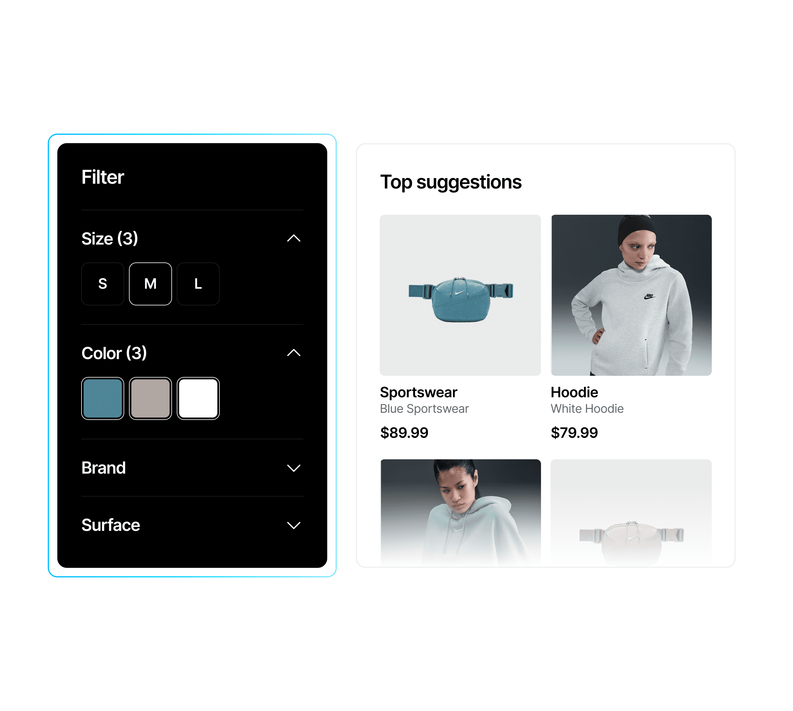 Dynamic e-commerce product filtering panel with size, color, and brand selection, optimizing user discovery and conversion.