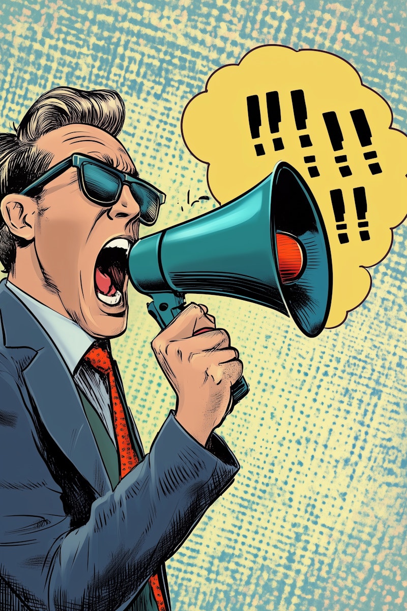 Illustration of a man shouting into a megaphone, symbolizing the media loudly repeating misleading narratives about unemployment rates, fake job numbers, and an overly optimistic job market.