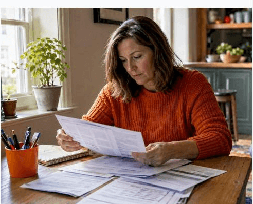 Mother reviewing insurance paperwork and bills at her kitchen table, representing a family budgeting for autism therapy costs