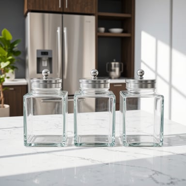 product photography of set of glass storage jars