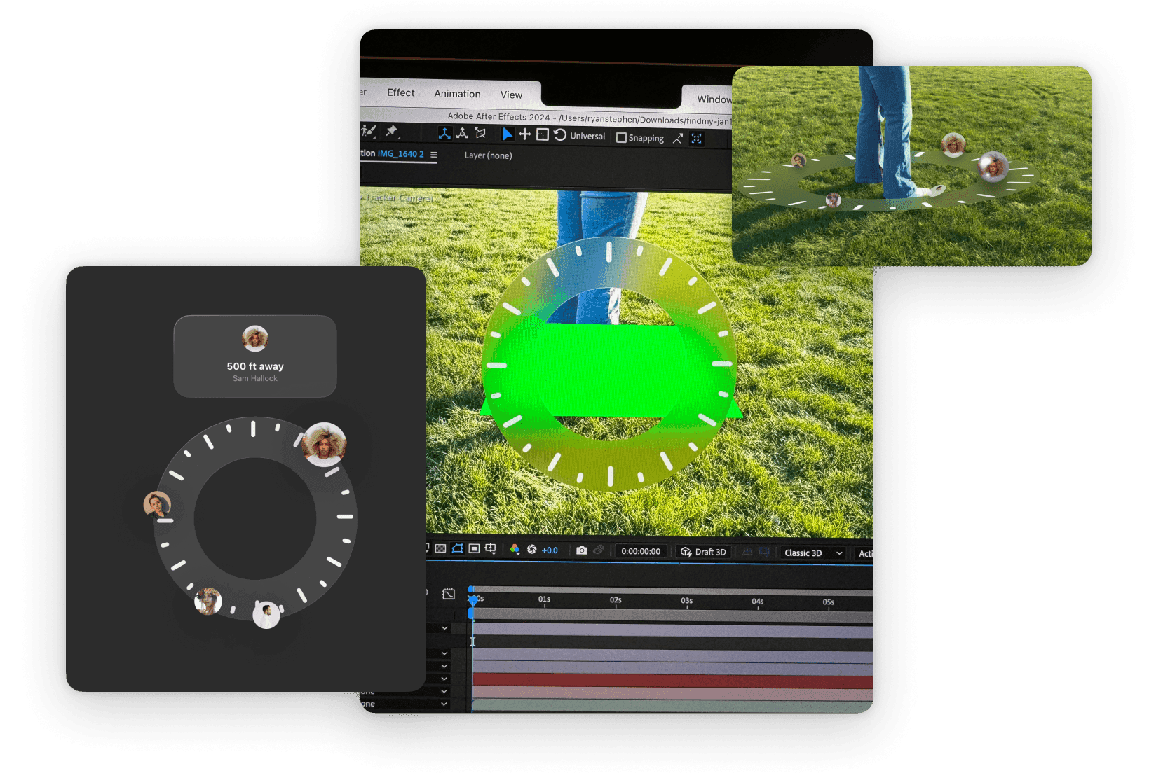 Collage of a compass UI, a After Effects window, and a photo of a compass UI on a field