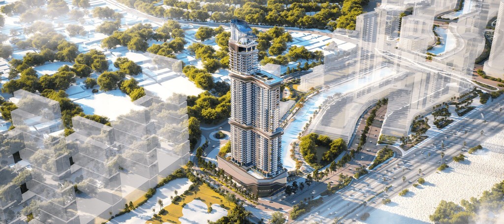 Aerial view of Mansory Residences, a tall building surrounded by a bustling cityscape.