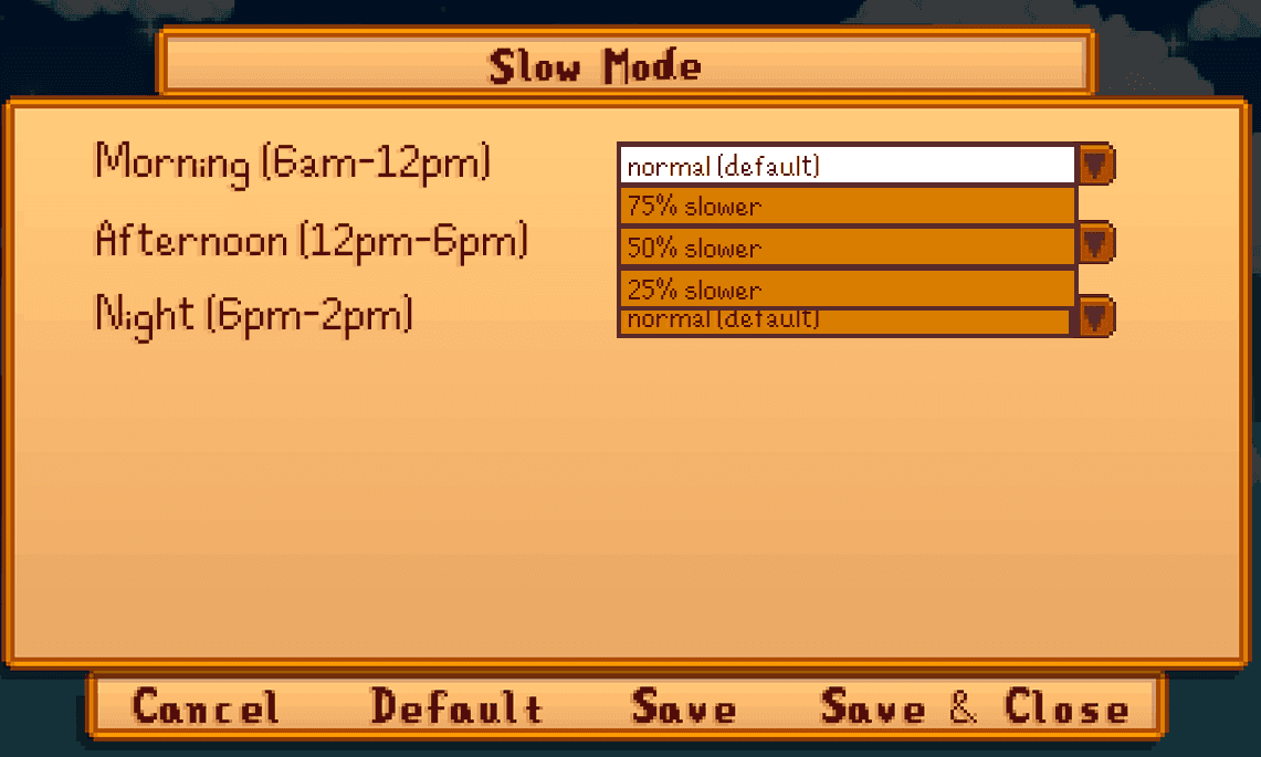 Slow Mode settings menu with time period speed options.