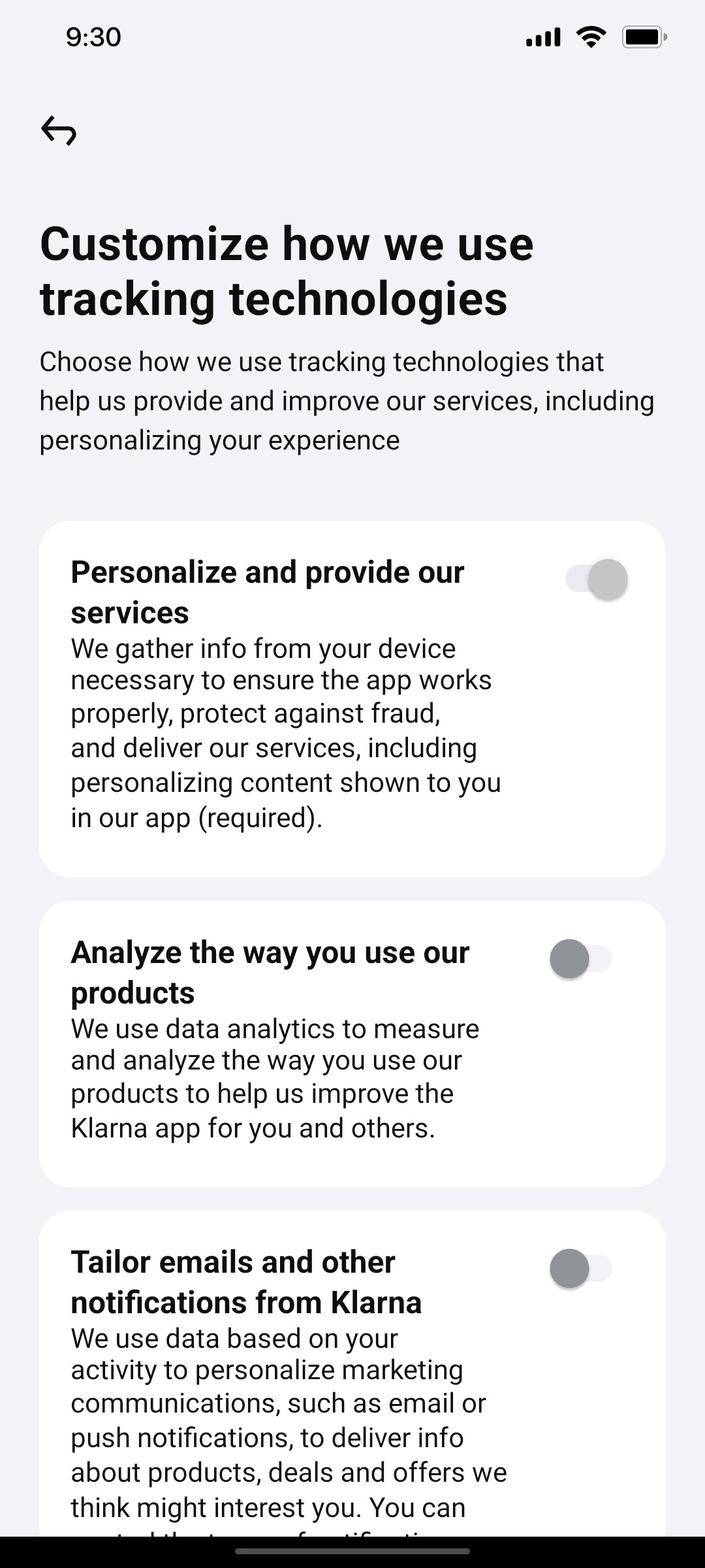 Klarna Cutomize We Use Tracking page Screen