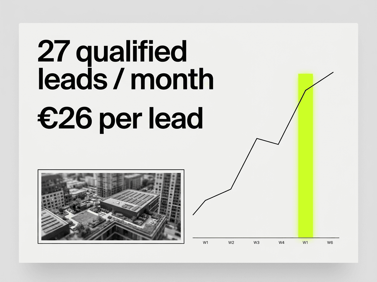 Weekly report dashboard showing 27 qualified leads at 26 euro each
