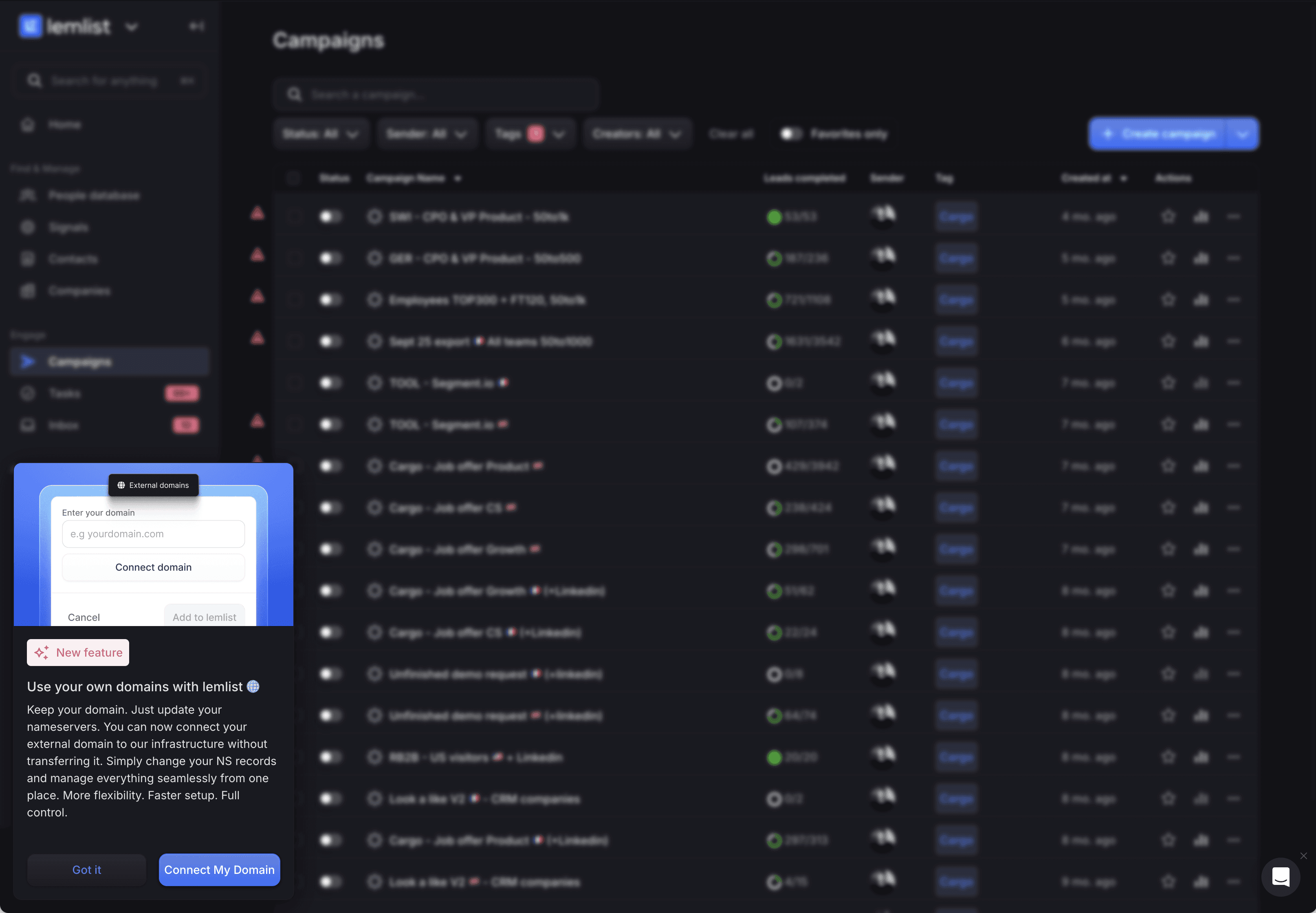 Lemlist uses Jimo to trigger a contextual feature suggestion based on user settings. Here, users who haven't connected a custom domain see an in-app prompt explaining the benefit and a direct CTA to set it up, right where it's relevant.