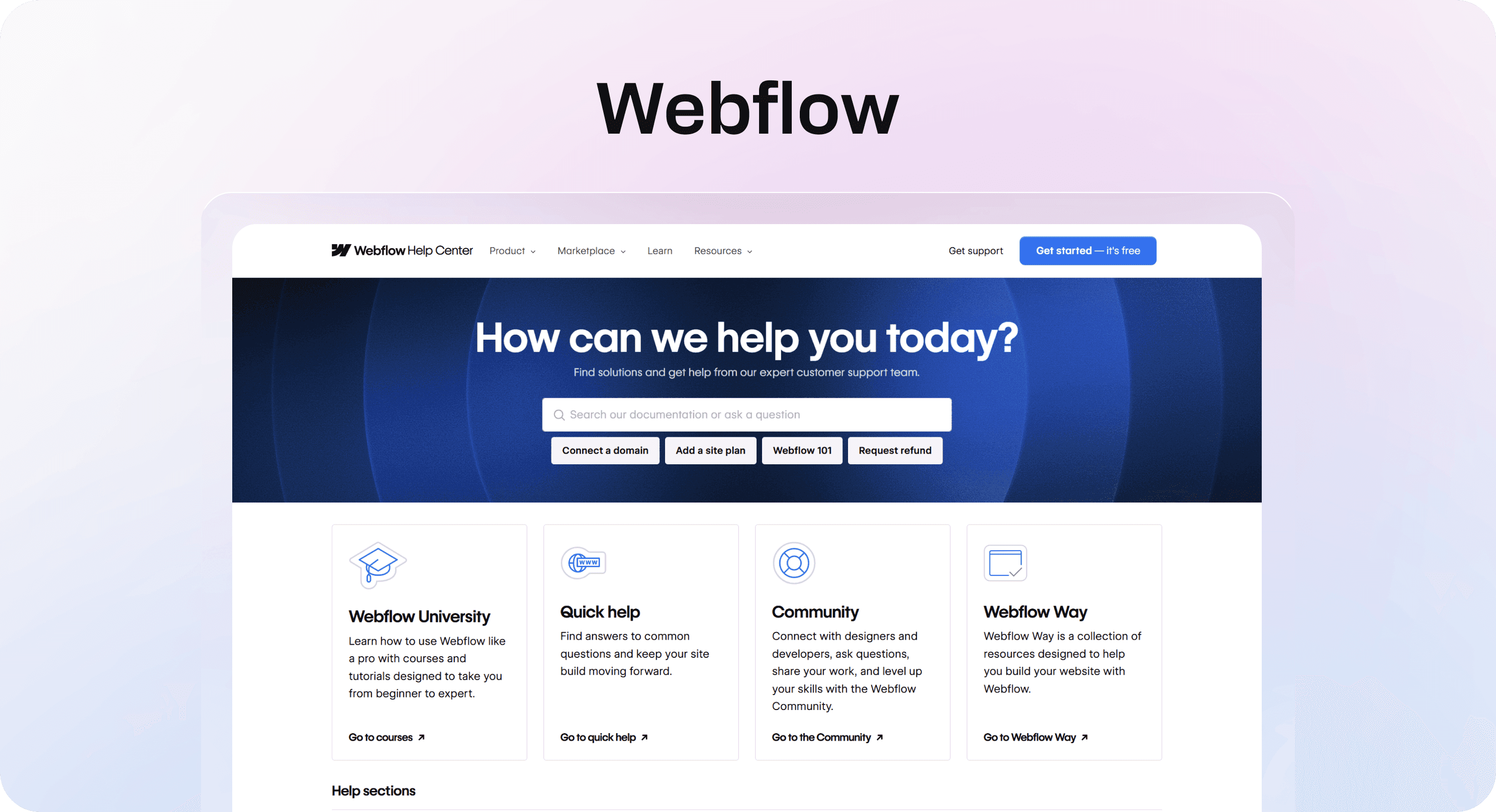 Webflow Help Center homepage with a large search bar, quick help topics, and learning cards.
