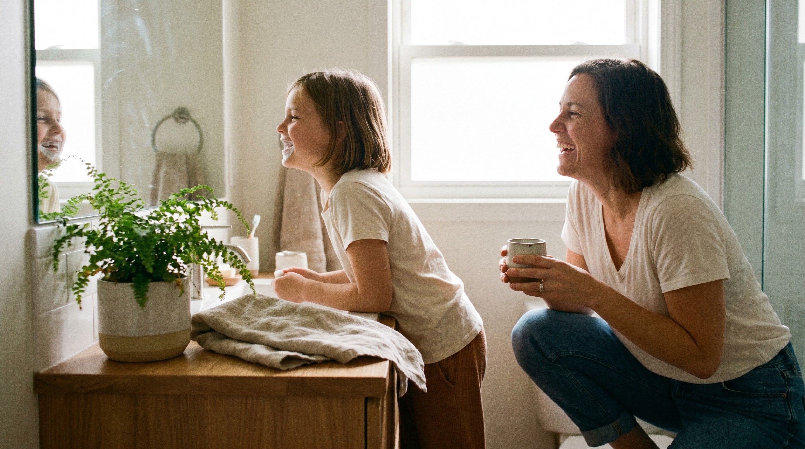 Child brushing teeth at bathroom mirror with parent helping in warm morning light