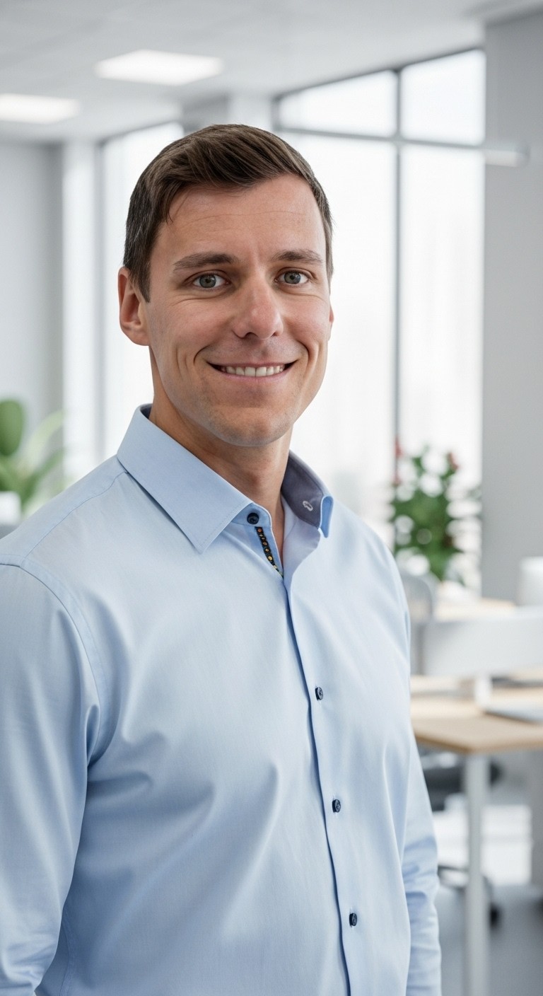A profile view of a woman with a sleek bun, wearing a dark blazer against a softly lit background.