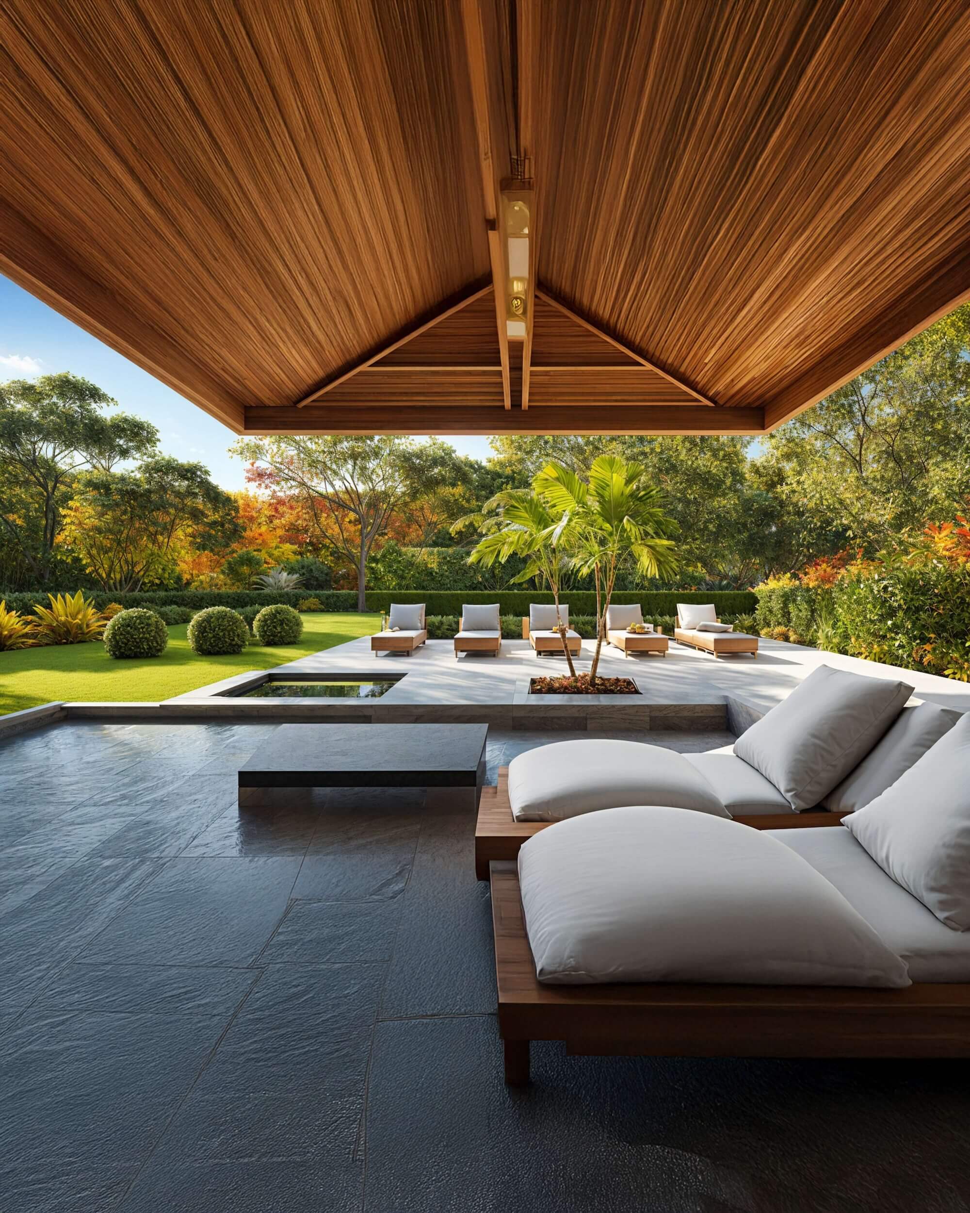 Covered outdoor lounge with cushioned daybeds, dark stone patio, lush landscaping, and sunlit backyard retreat.
