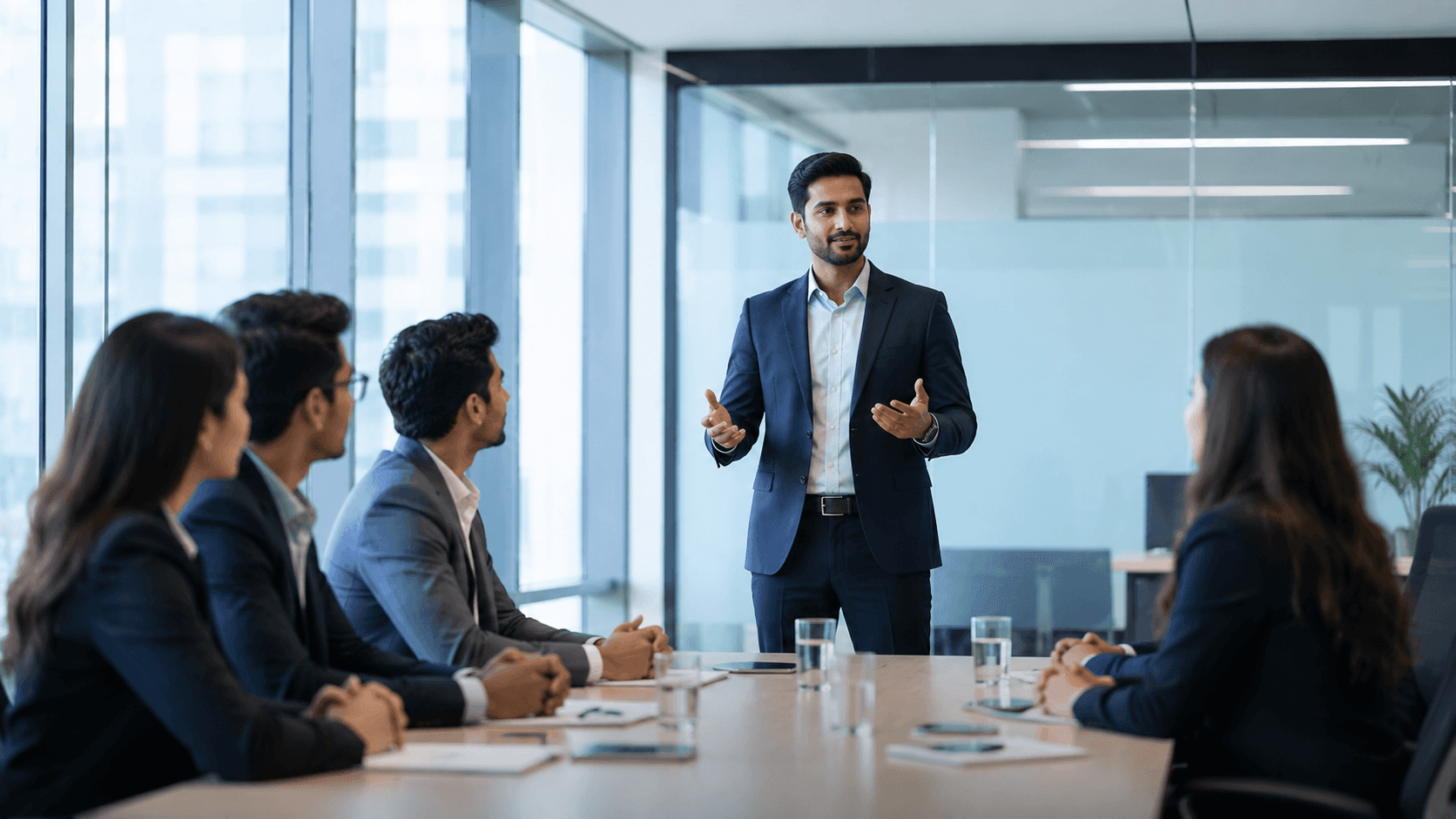 Business executive taking boardroom meeting