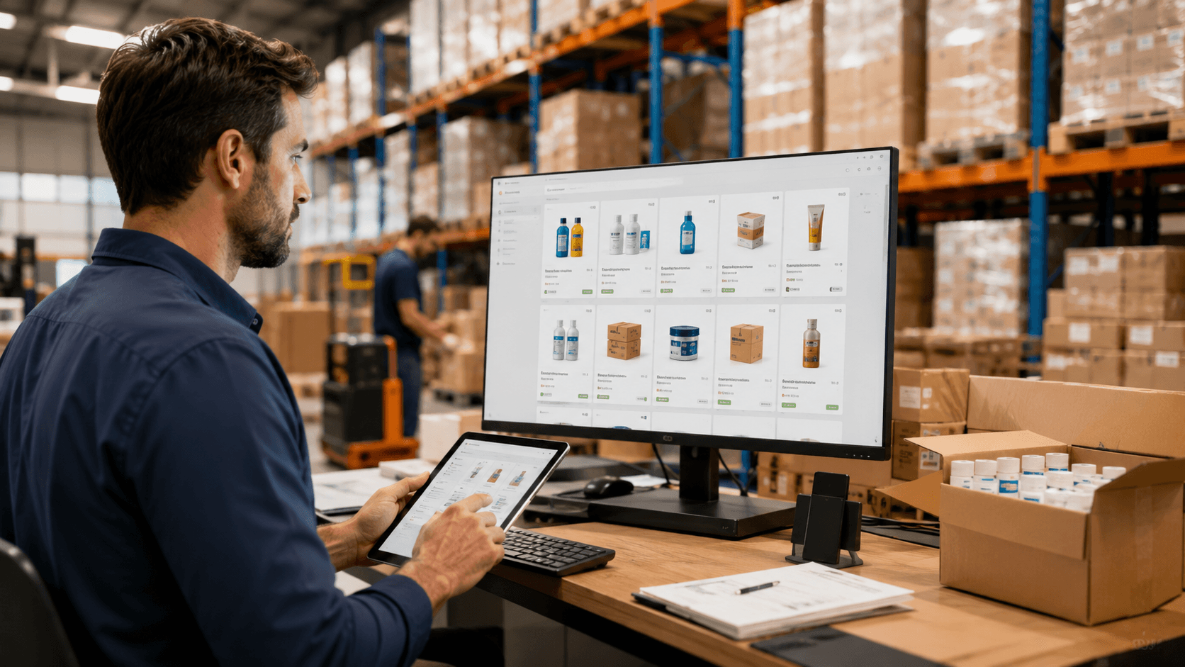 Cena em estilo realista 3D dentro de um centro de distribuição moderno, com um profissional utilizando um sistema de e-commerce atacadista em uma tela grande enquanto segura um tablet. Ao fundo, prateleiras altas cheias de caixas e produtos organizados representam operações de atacado e distribuição. O ambiente transmite tecnologia, logística, vendas B2B e compras em grande volume feitas por revendedores. Formato widescreen 16:9, iluminação natural e visual corporativo moderno.