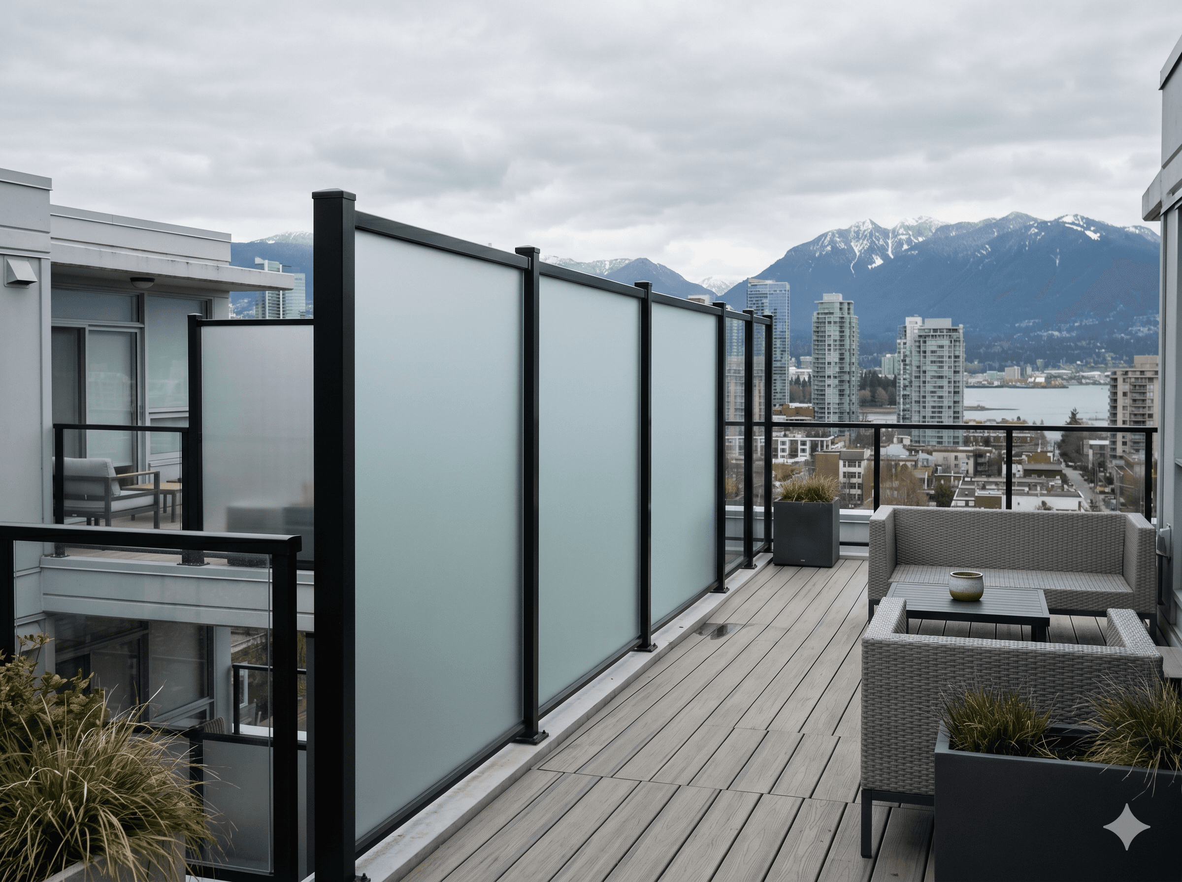 Frosted glass privacy wall on a modern rooftop deck with views of the city and mountains