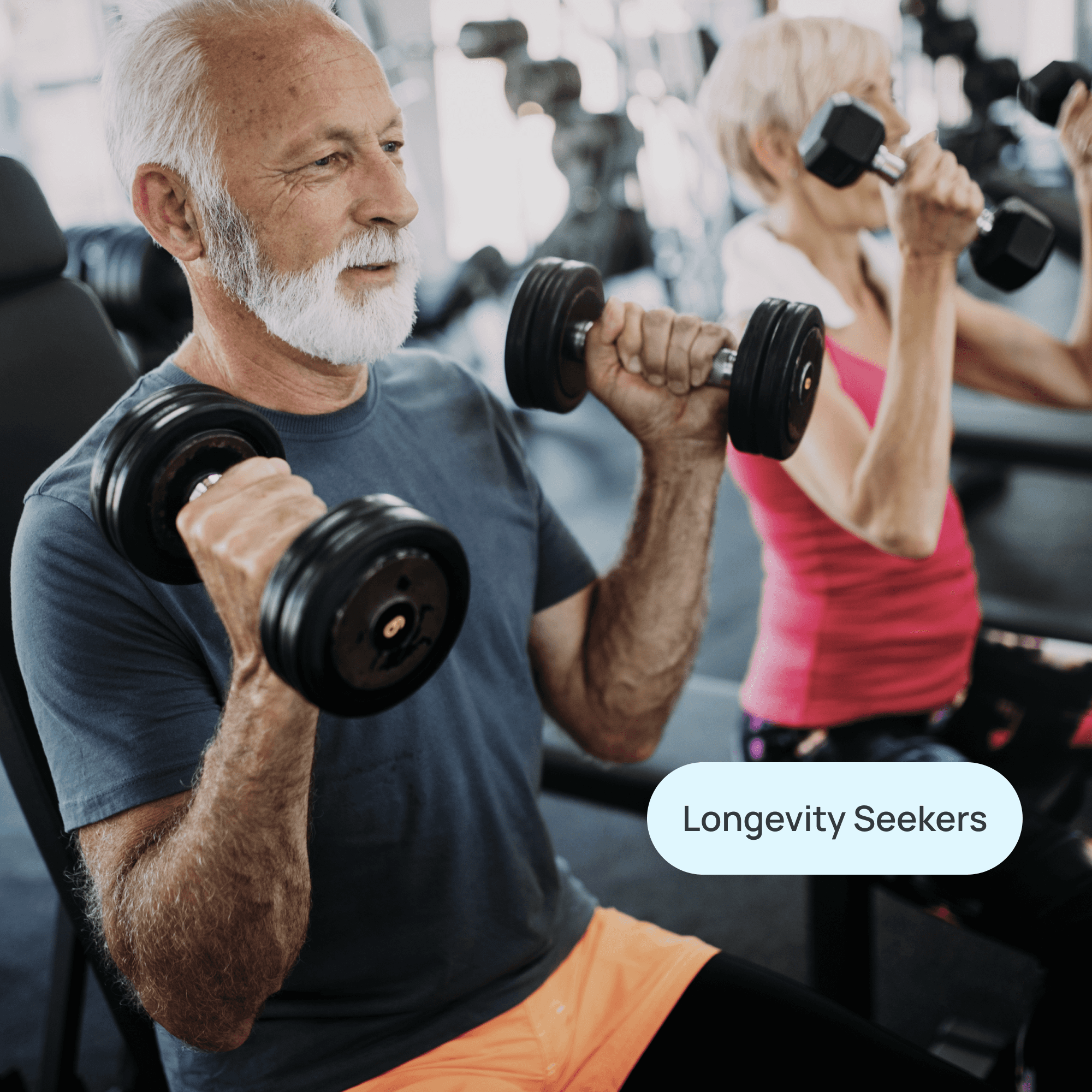 older man and woman lifting weights at the gym with label "longevity seekers"