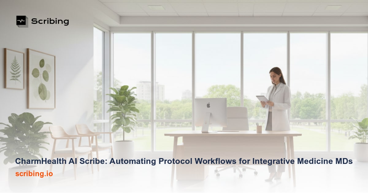 Integrative medicine workspace with EHR system and supplement bottles representing automated protocol workflow documentation in CharmHealth