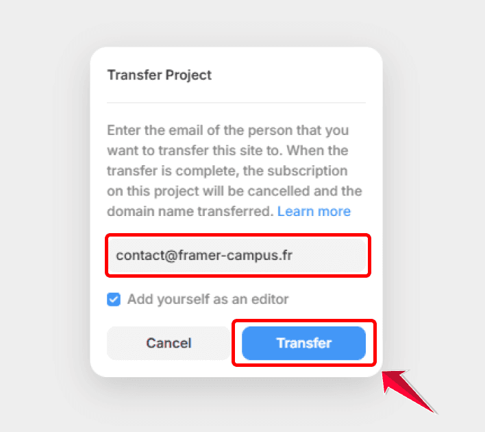 Fenêtre de transfert de projet Framer avec saisie de l’email du destinataire