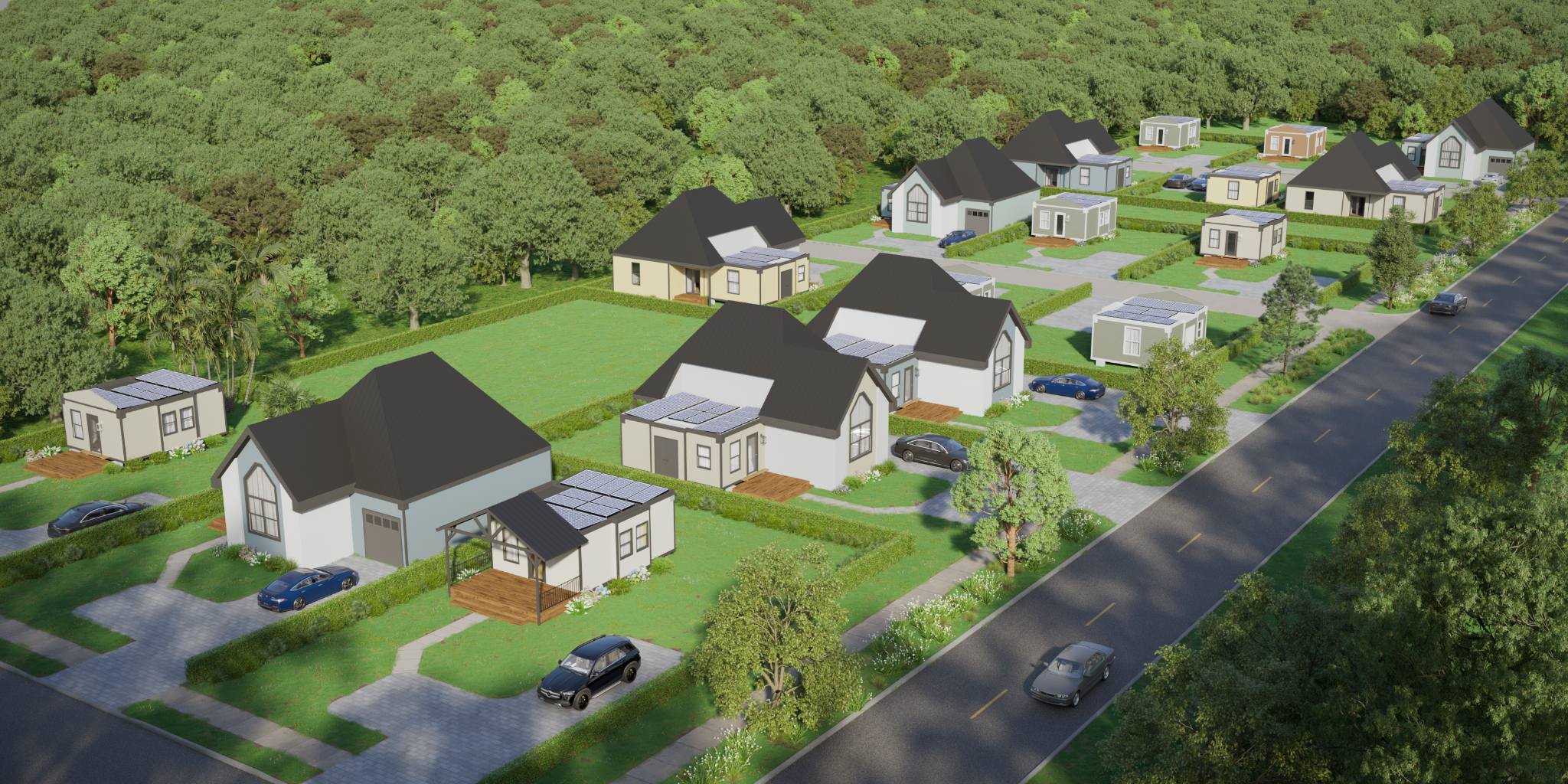 Aerial view of the Mesocore 17-lot development in Gainesville, Florida, featuring Model E expandable modular homes on 3,000 sq. ft. lots