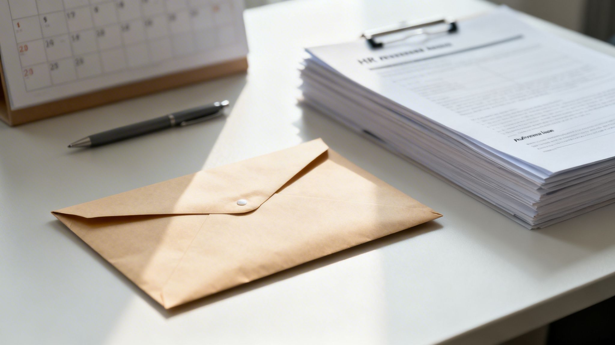 Escritorio de oficina con calendario, pluma, sobre marrón con cierre y una pila de documentos de RRHH.