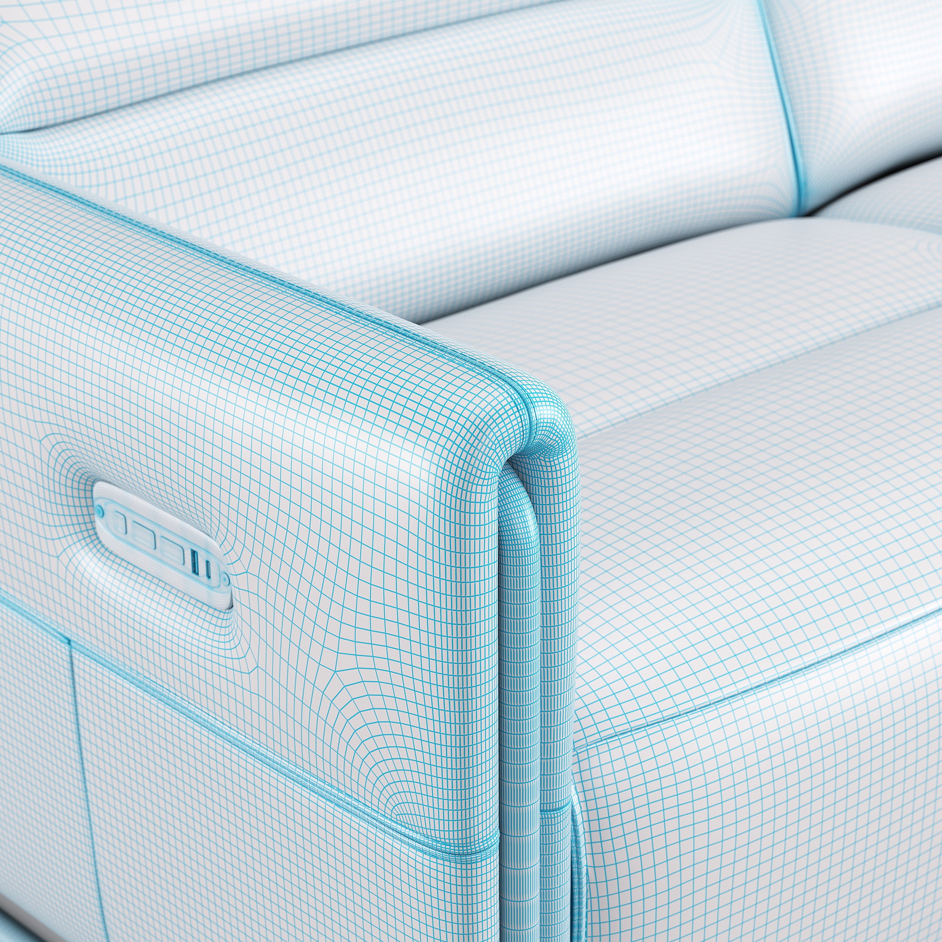 Close-up 3D wireframe of sofa armrest showing mesh topology and modeling detail