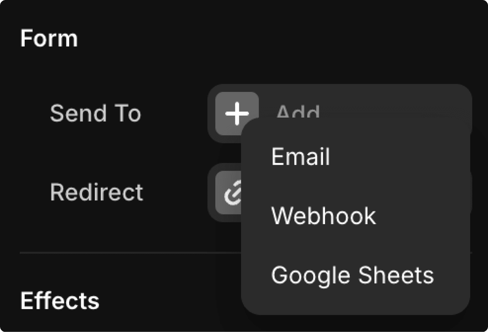 Framer form's submissions location options for selecting where form responses are stored