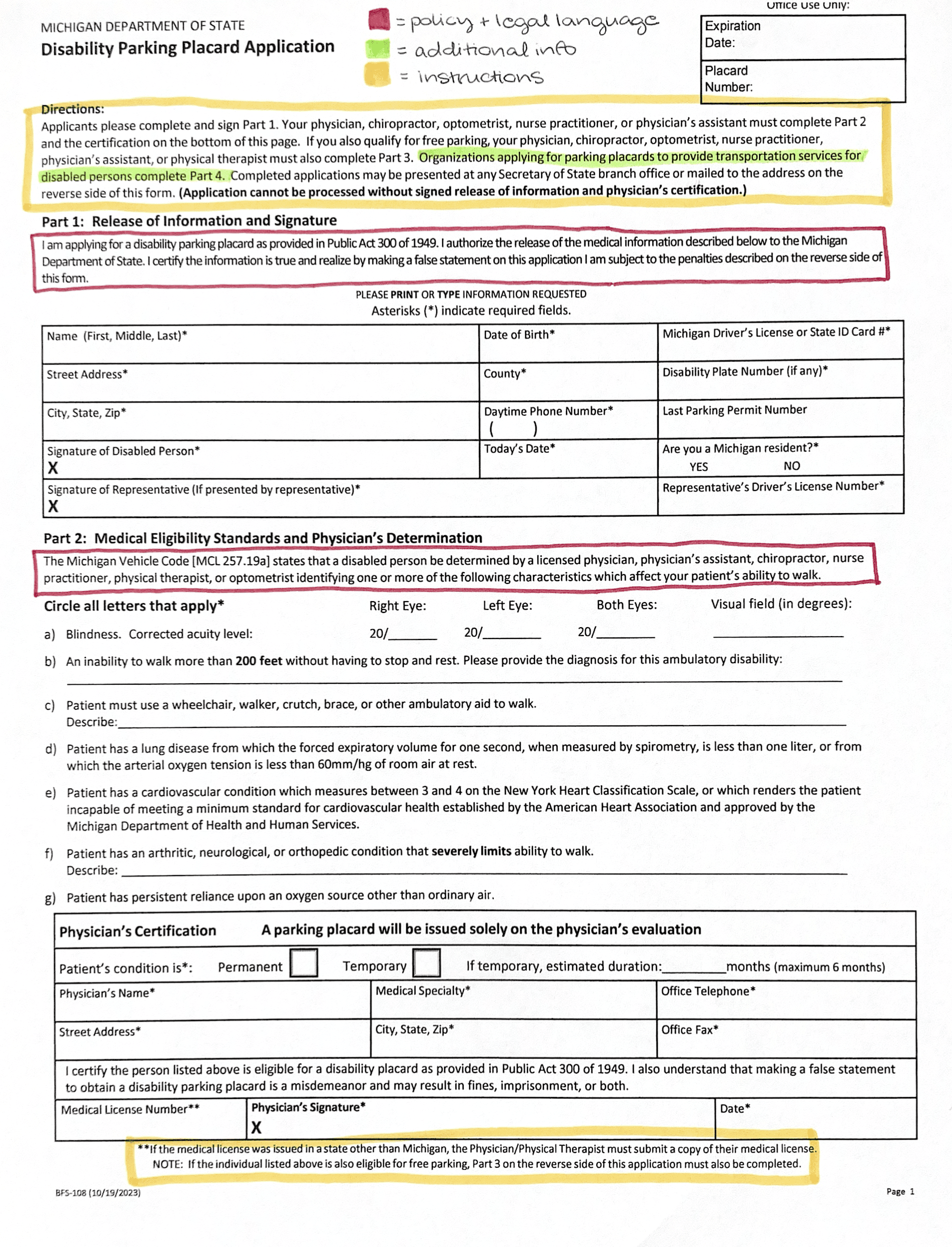 Annotated Disability Parking Placard Application form, with sections highlighted in yellow, green and red. Handwritten key notes that colors correspond to content types.