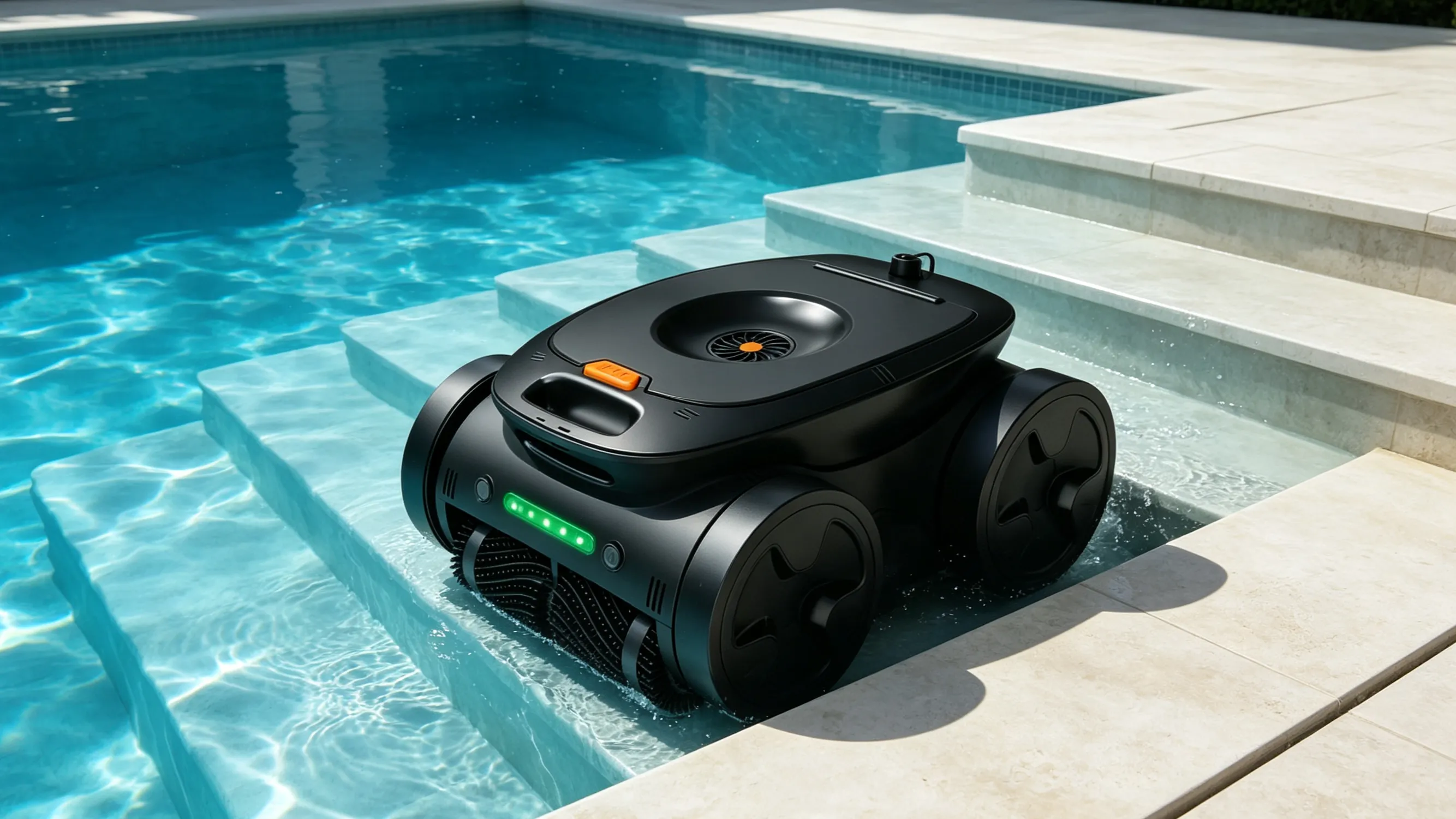 Purily Hydro robotic pool cleaner operating around swimming pool steps