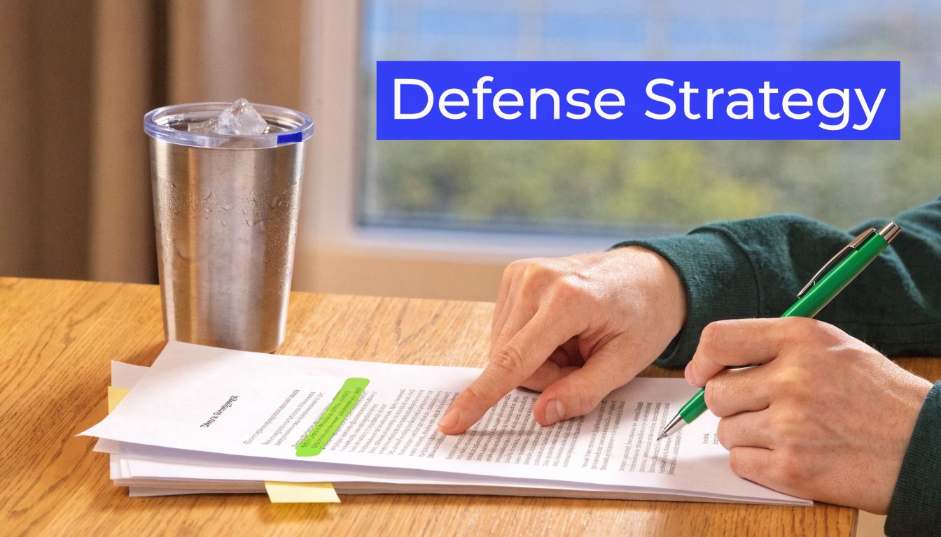 A person reviewing legal documents with a green pen at a wooden table, labeled Defense Strategy.