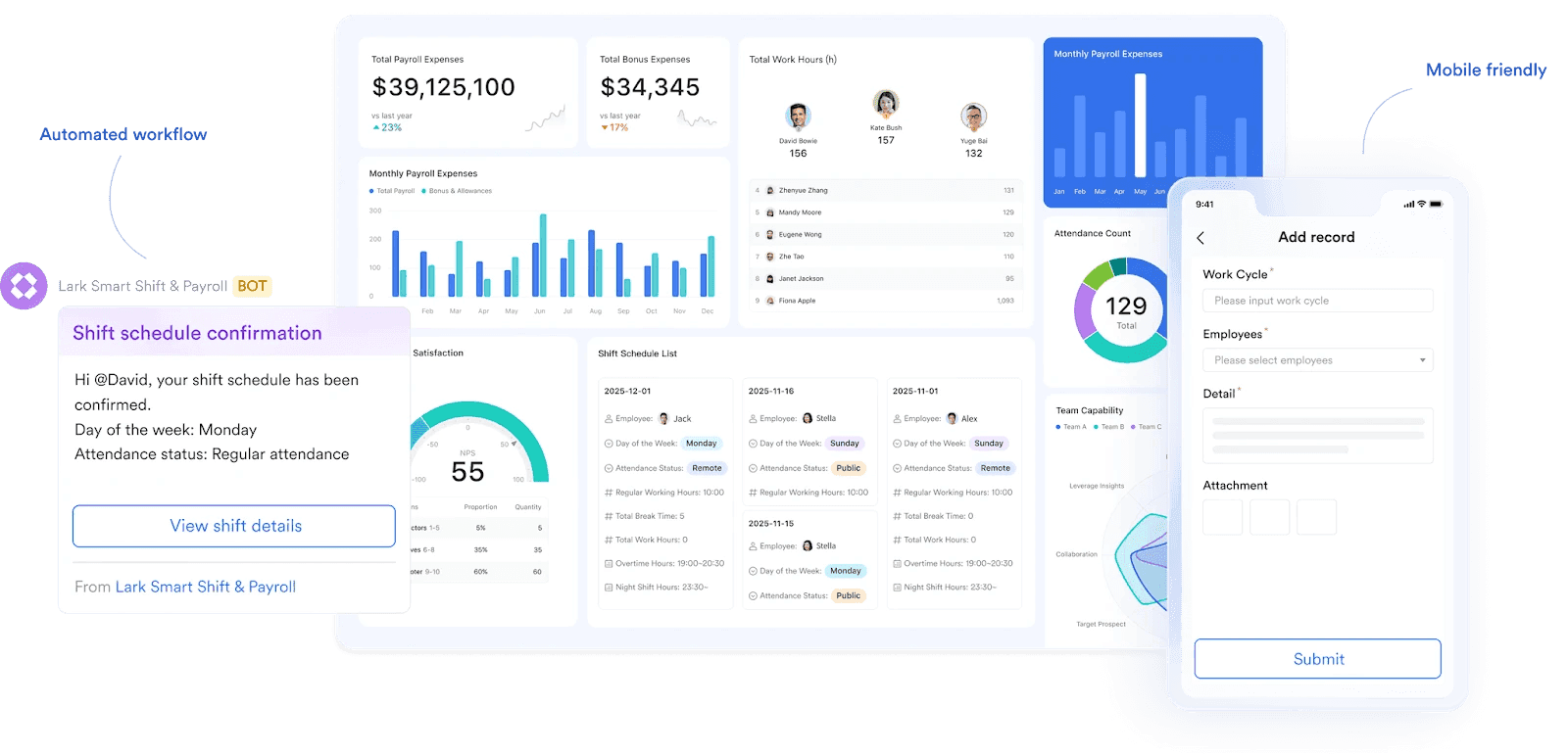 Lark‘s payroll dashboard and mobile interface