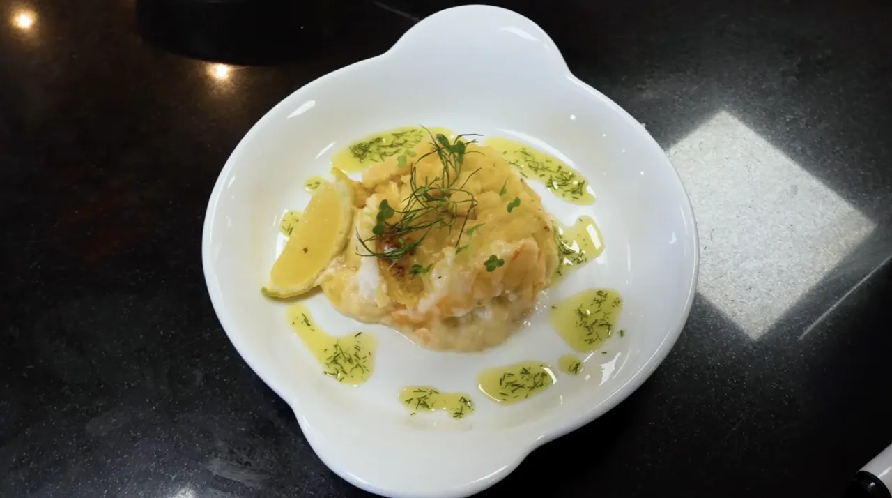 Close up of a finished dish captured during chef training for a hospitality sector video production.