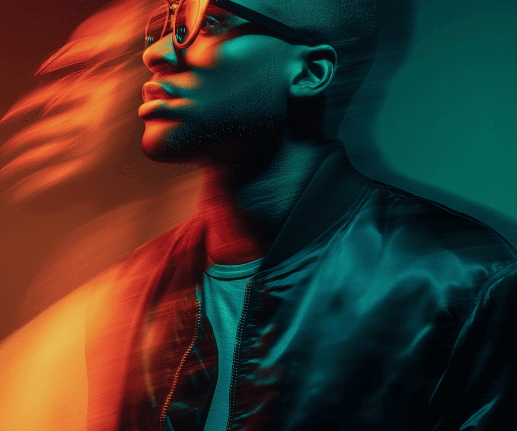 Futuristic portrait of a man wearing glasses, lit with teal and orange light streaks creating a motion blur effect against a dark background.